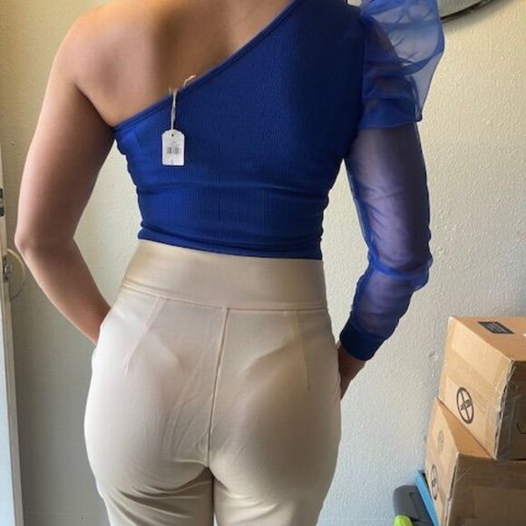 Blouse Blue Asymmetrical One-Shoulder Top With Sheer Puff Sleeve Fashion Elegant - Picture 15 of 16